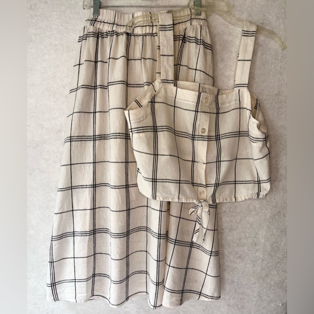 A New Day Plaid Black/Cream Plaid Linen Blend 2-Piece Skirt Set  Size Large